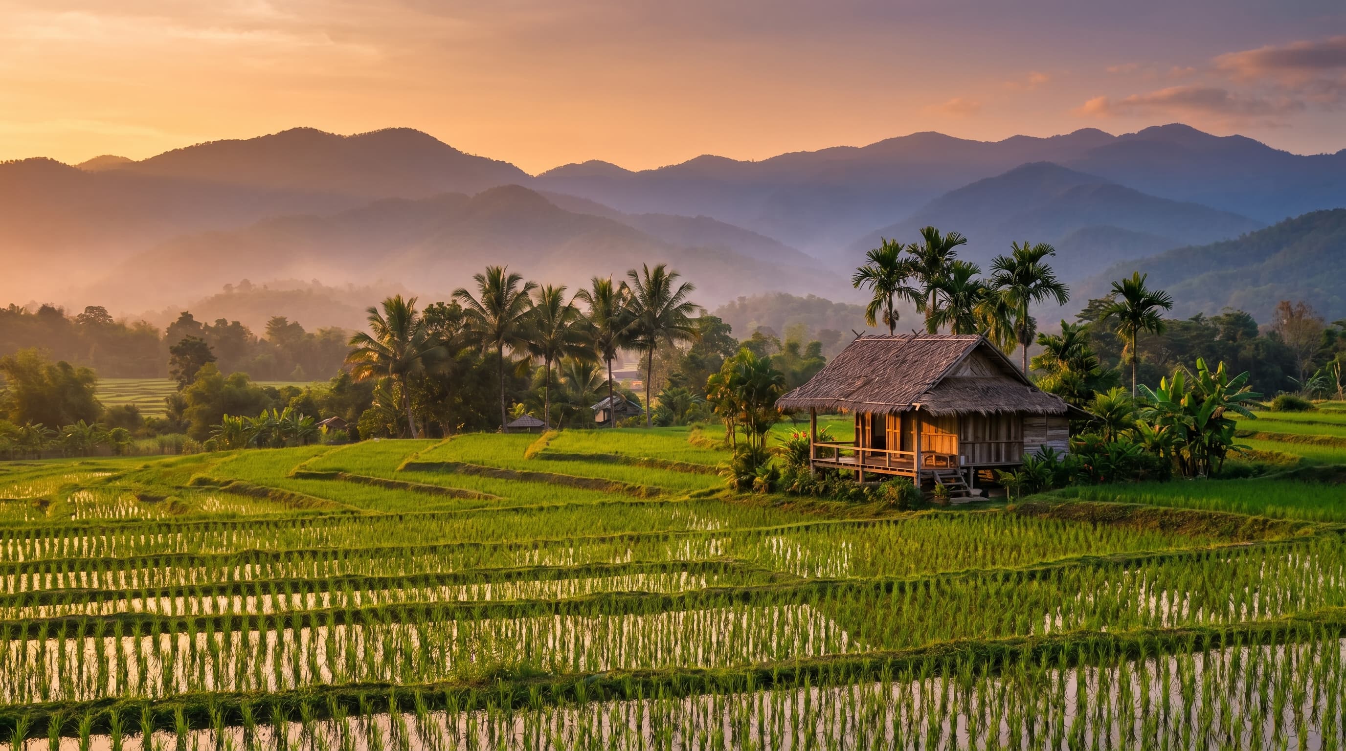 Rice fields, misty mountains and a wooden cabin at sunset in Pai, Thailand