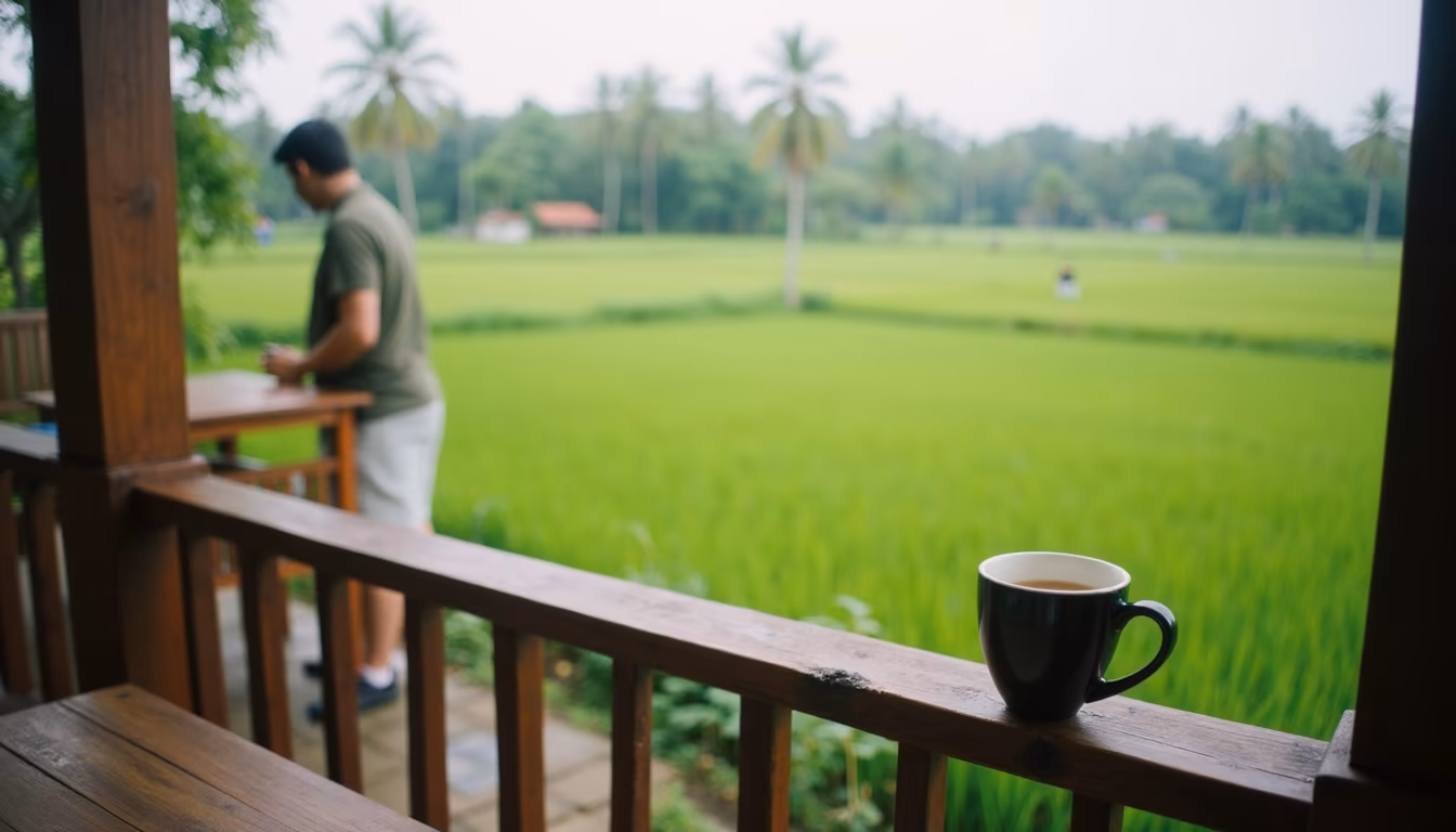 Quiet rice-field cafe terrace illustrating a slow pai itinerary for a week (illustration)