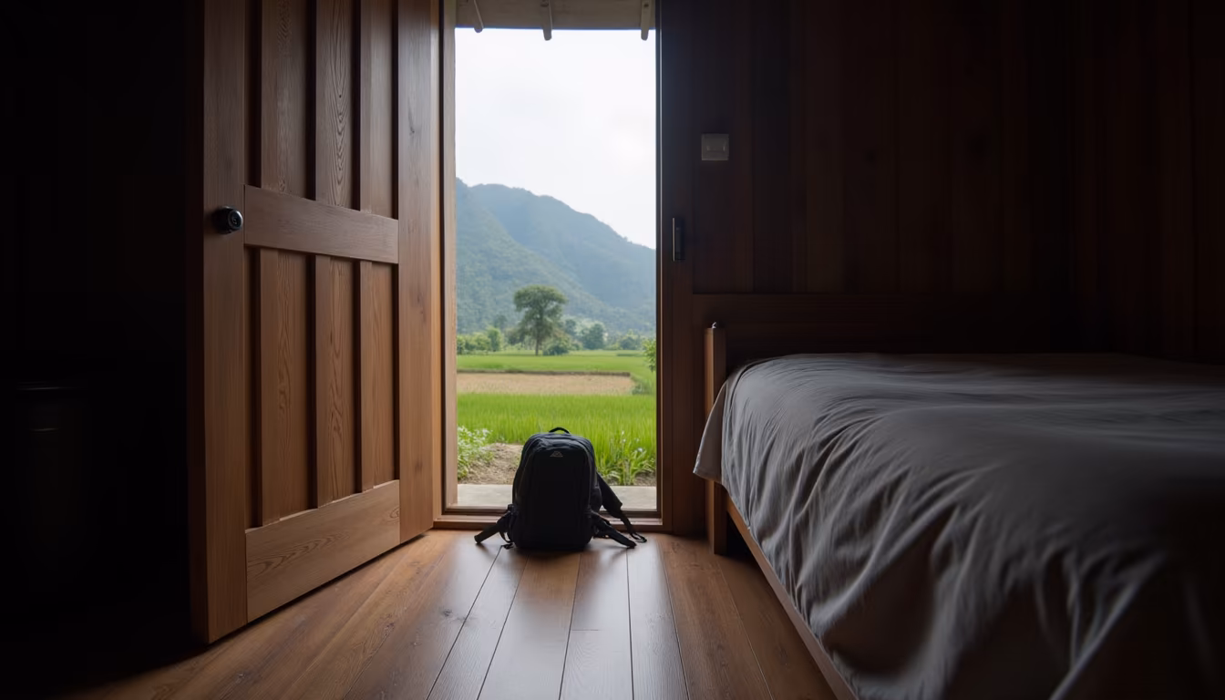 Simple guesthouse room overlooking fields for a 2 days in Pai itinerary base (illustration)