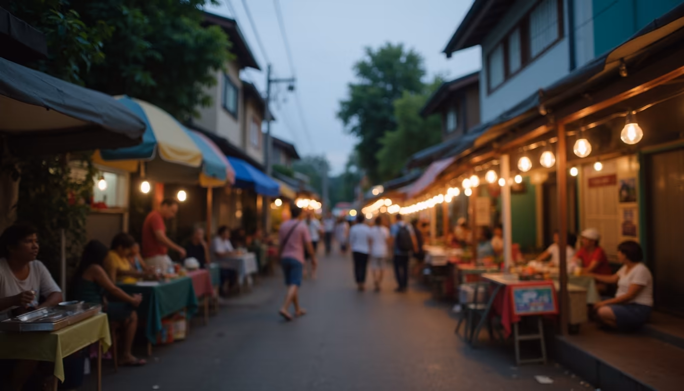 Crowd browsing food stalls along Pai Walking Street night market on a four-day Pai itinerary (illustration)