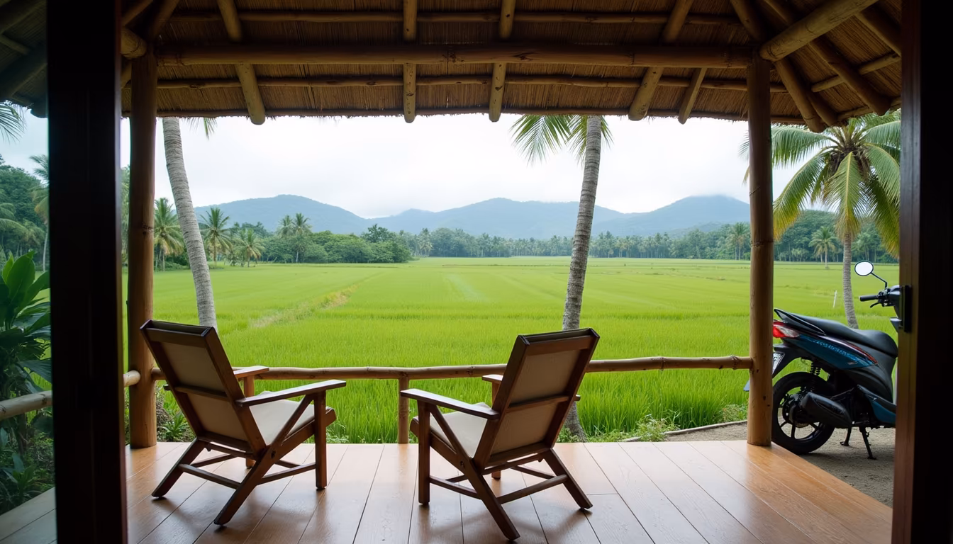 Bungalow porch overlooking rice fields, a calm base for an easy four-day Pai itinerary (illustration)