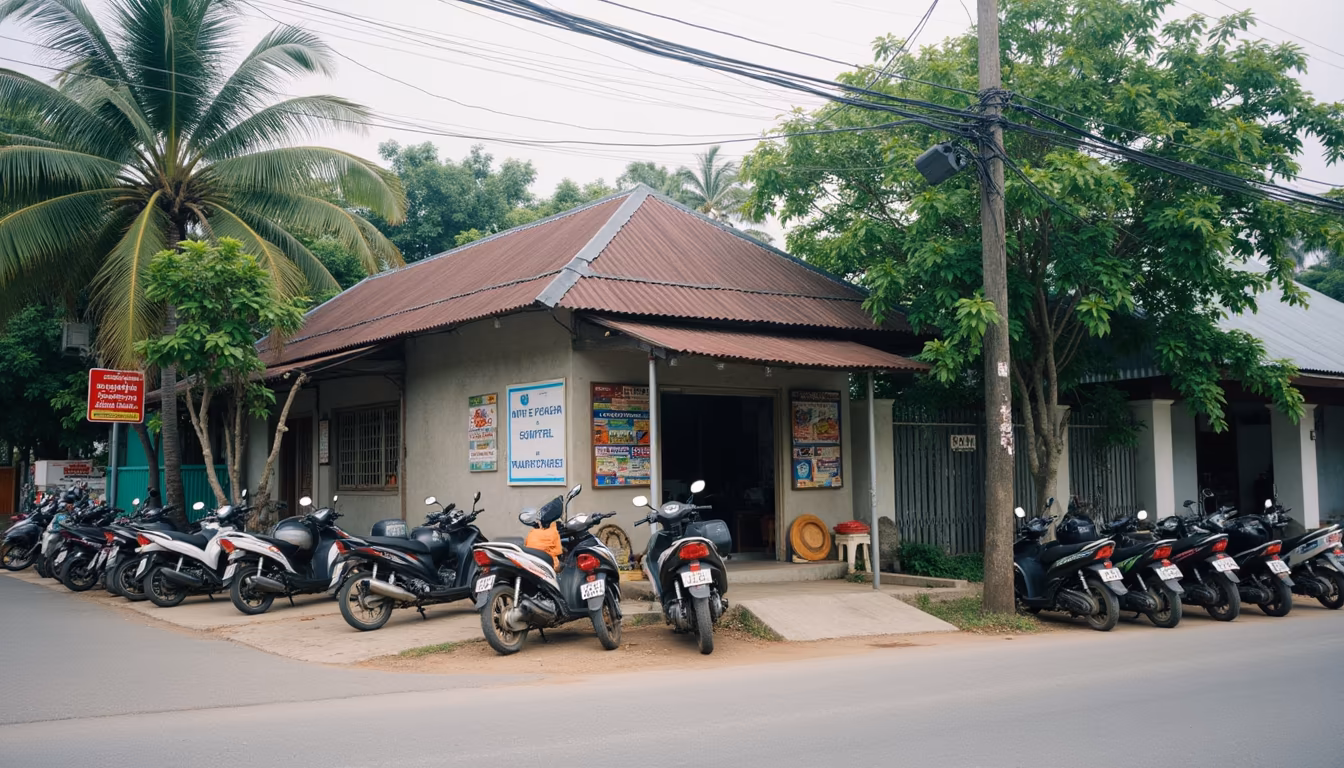 A row of ATM machines on a small-town street showing where to find an ATM in Pai (illustration)