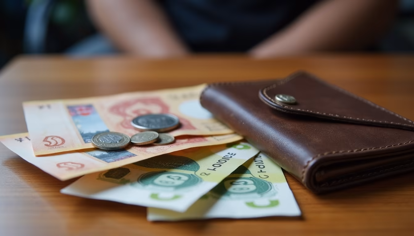Thai baht cash and a wallet on a table, useful for ATM in Pai planning (illustration)