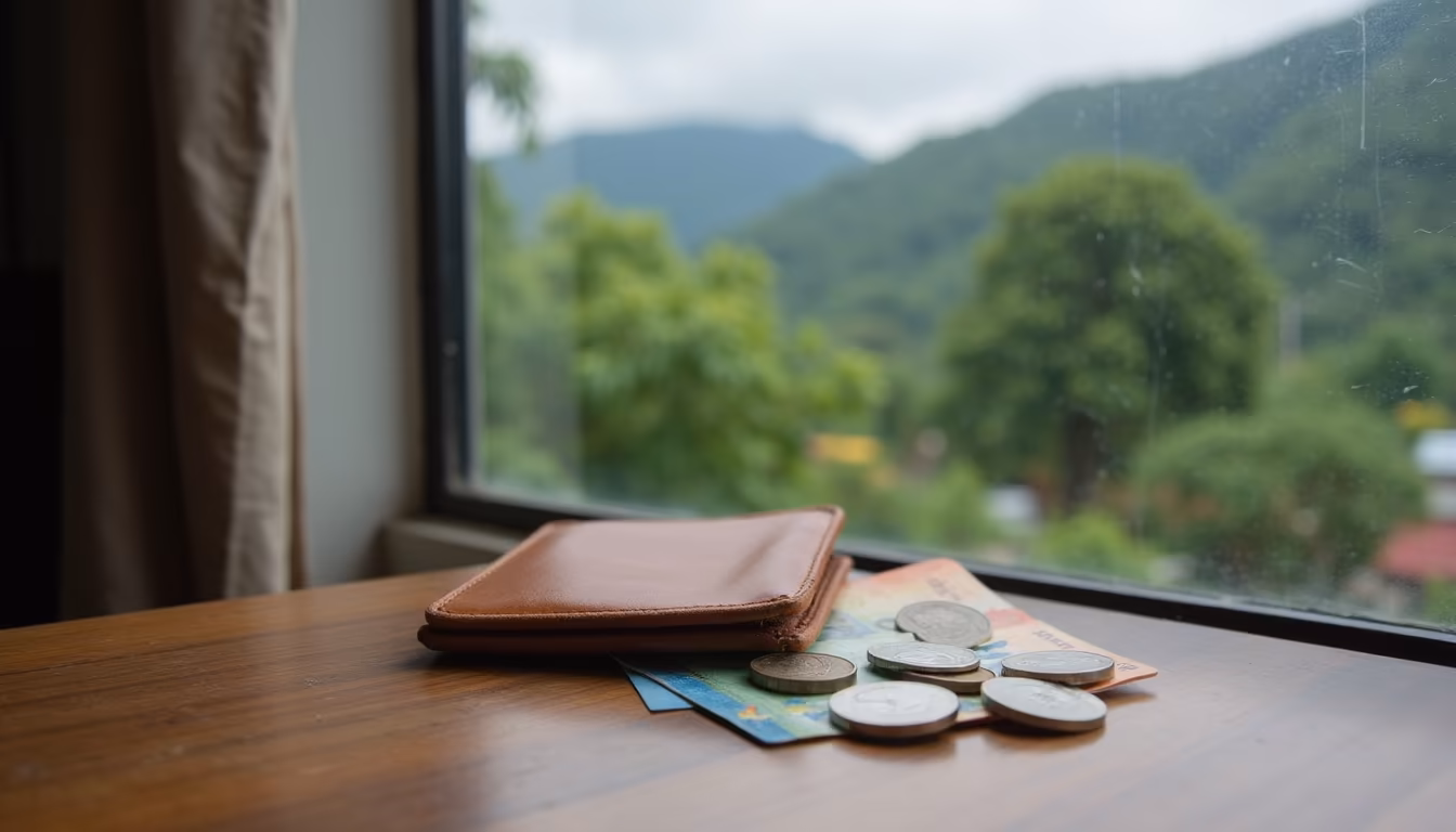 Two bank cards kept apart as a backup, a key ATM in Pai money tip (illustration)