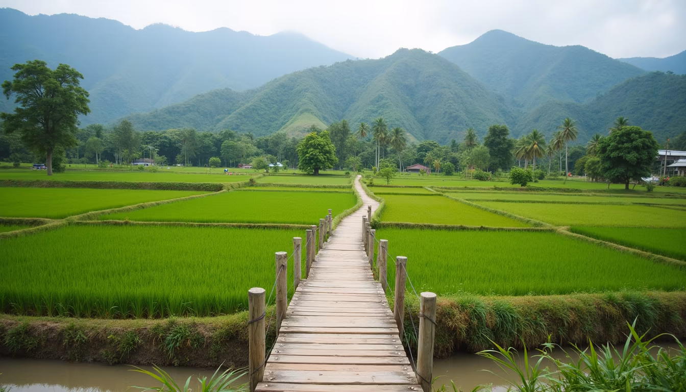 the spot bamboo bridge over rice fields, the bamboo bridge Pai Thailand walkway (illustration)
