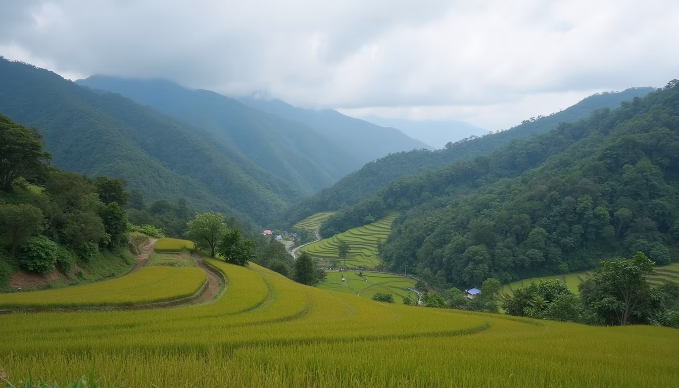 Green rice paddies around the bamboo bridge Pai Thailand at the spot in wet season (illustration)