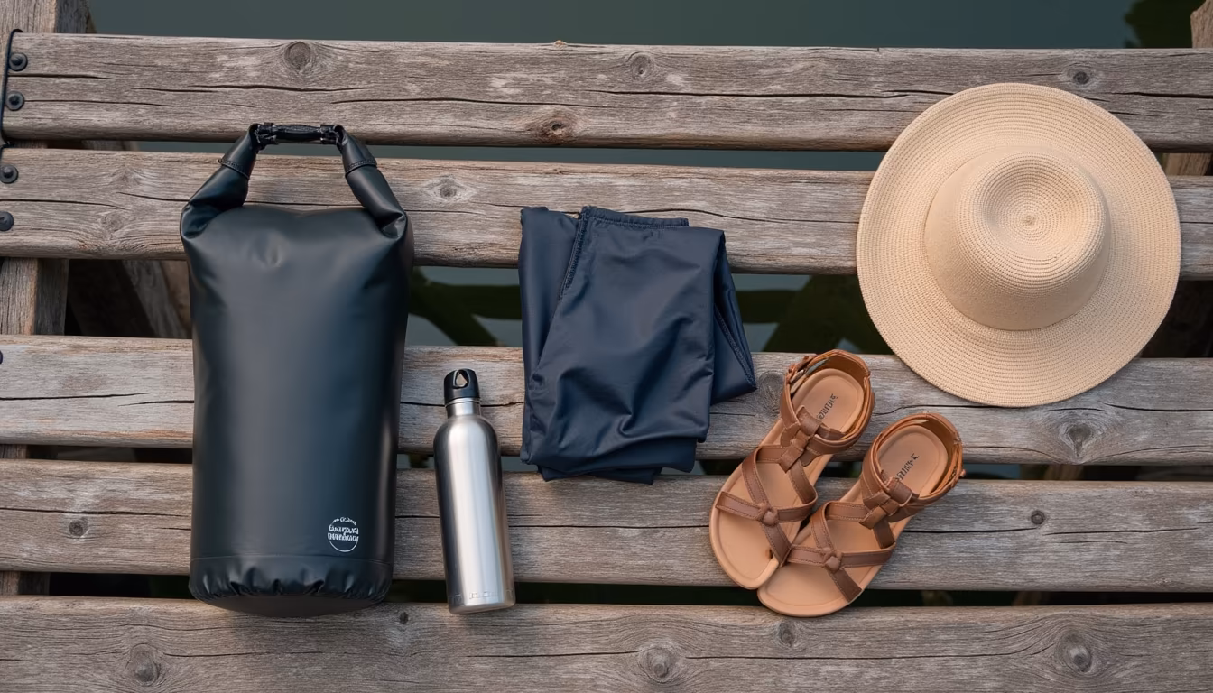 Dry bag, sandals and life jacket packed for a bamboo rafting pai half-day (illustration)
