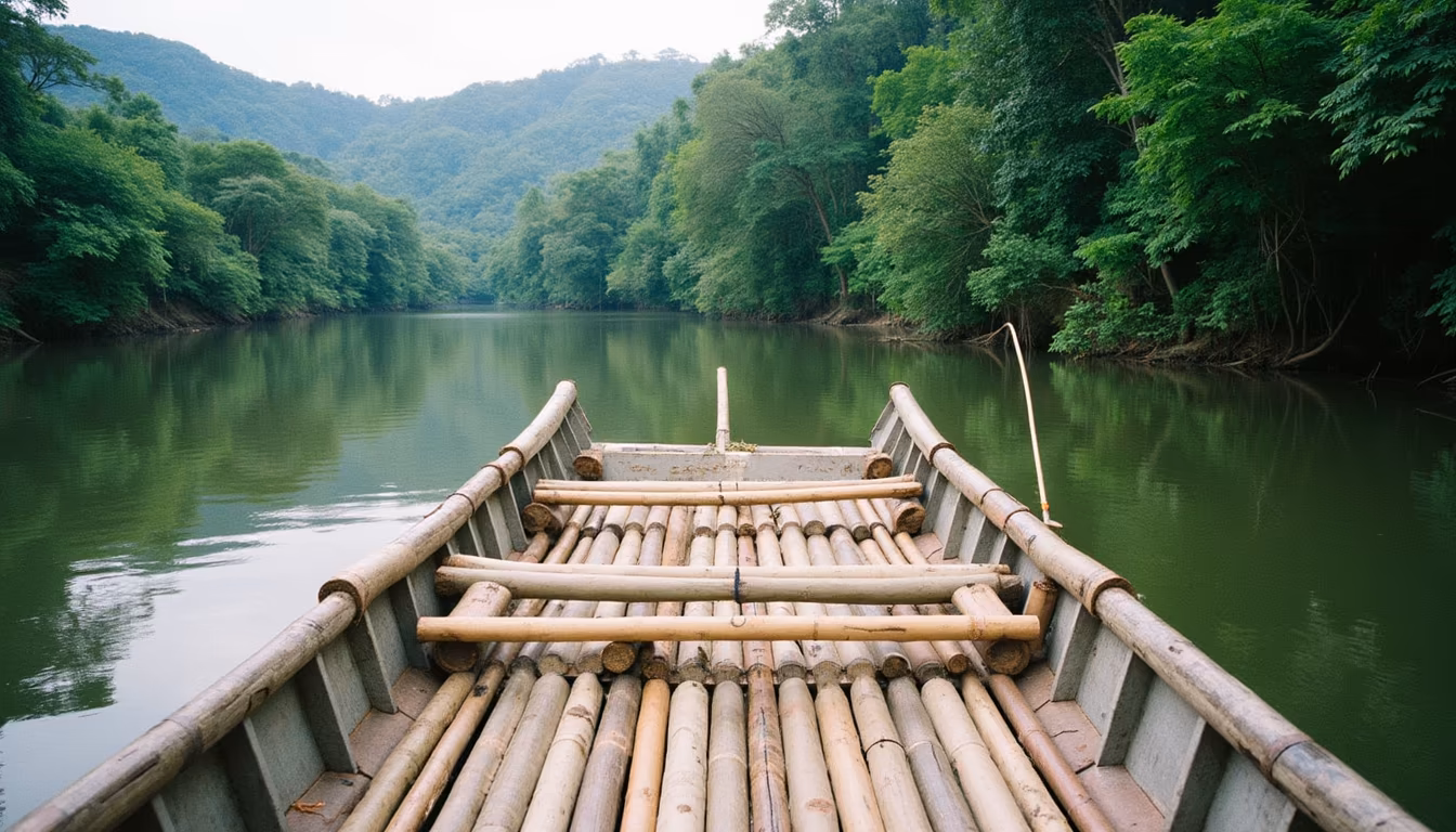 Travellers from behind on a slow calm river float, the gentle pace of bamboo rafting pai (illustration)