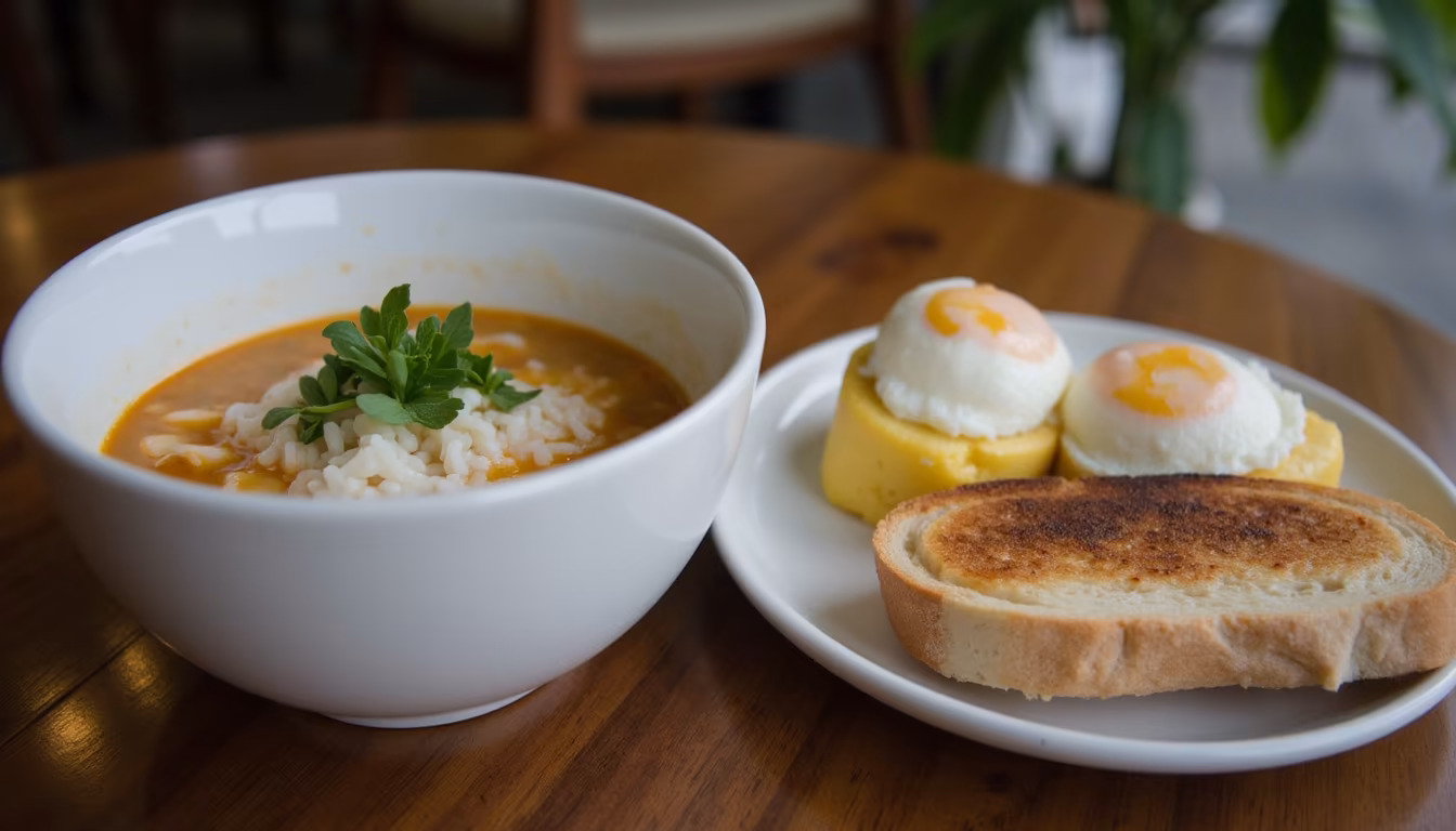 Thai morning food and Western brunch plates side by side for a pai breakfast (illustration)