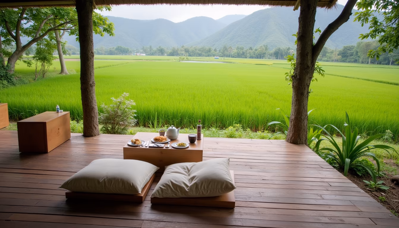 Rice-field garden cafe deck set for a slow pai breakfast brunch (illustration)