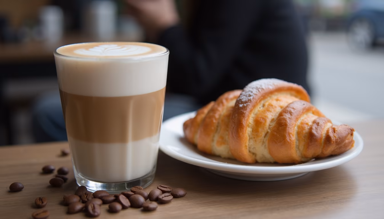 Flat white coffee and pastry from a local roaster for pai breakfast (illustration)