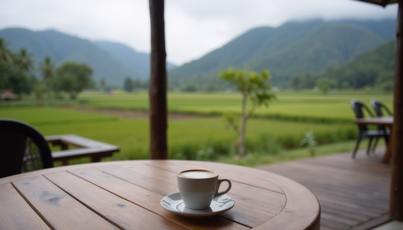 Open-air valley cafe deck with coffee and green hills, evoking the best cafe in Pai (illustration)