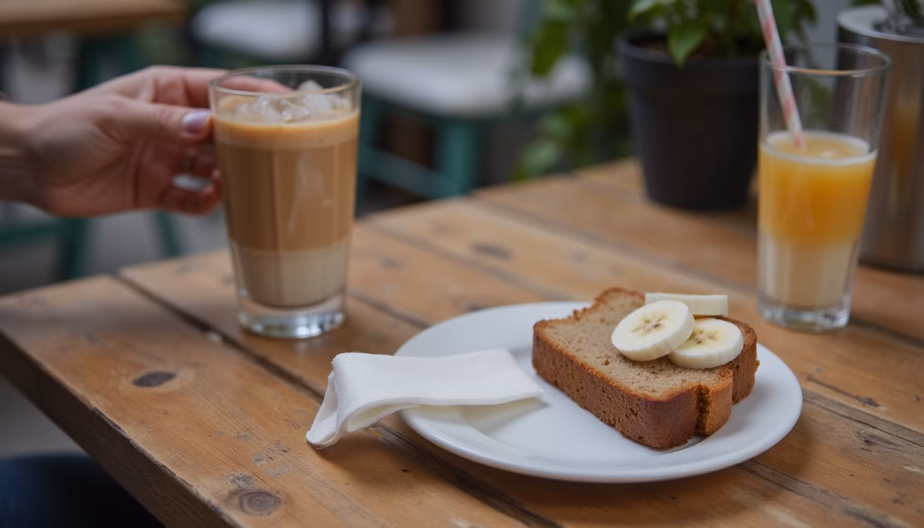Cafe table with iced arabica coffee, banana bread and fruit shake at a cafe in Pai (illustration)