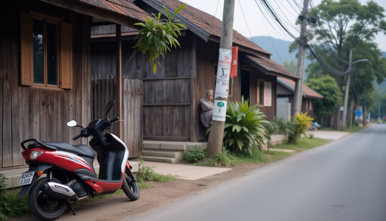 Parked scooter on a quiet town lane near a coffee shop for early cafe in Pai mornings (illustration)