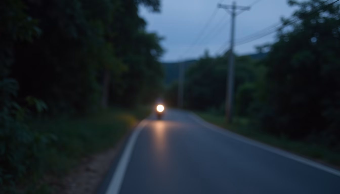 Unlit rural road at dusk with a distant scooter, on the way back from a pai sunset (illustration)