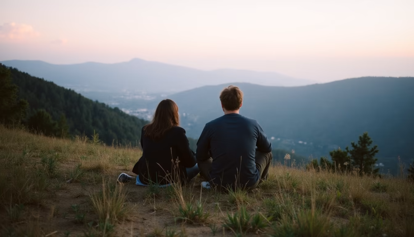 Two people from behind on a ridge at evening choosing among pai sunset spots (illustration)