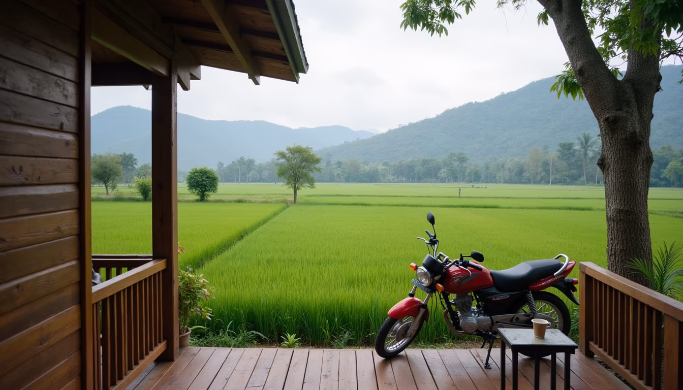 Quiet rice-field guesthouse terrace near Big Buddha Pai for an early morning visit (illustration)