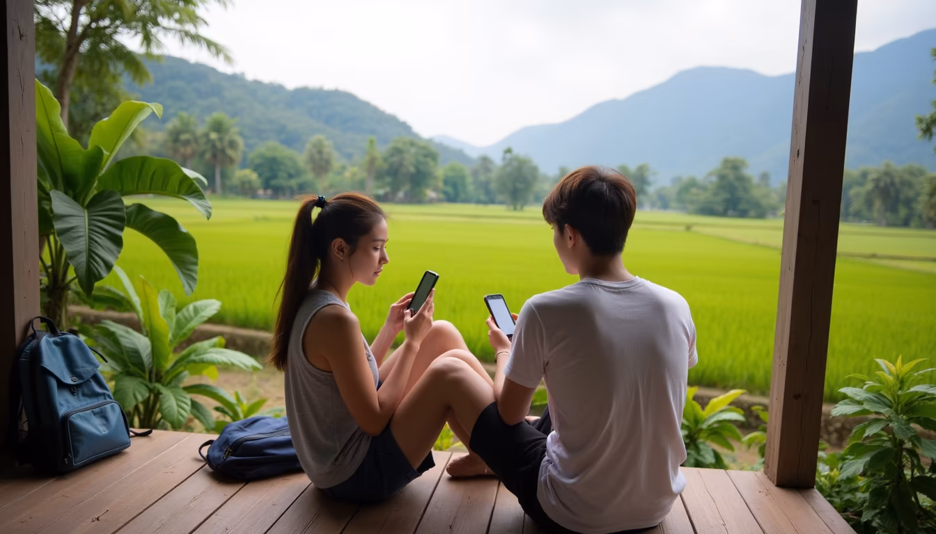 田んぼのバンガローからオーナーにメッセージを送ってパーイのホテルを直接予約する旅行者(イラスト)