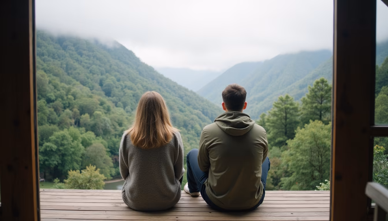 Travellers seen from behind on a balcony over a misty valley, boutique hotel pai design stays (illustration)