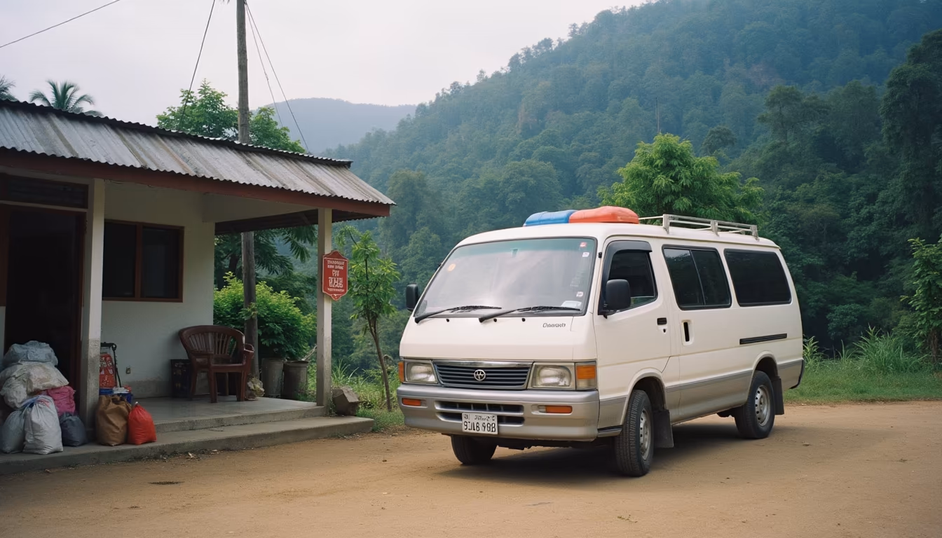 Passenger minivan at a rural transfer point illustrating Chiang Mai to Pai transport options (illustration)