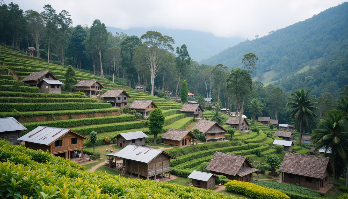 Earth-walled Yunnanese buildings at the spot, the Chinese village in Pai, on a quiet day (illustration)