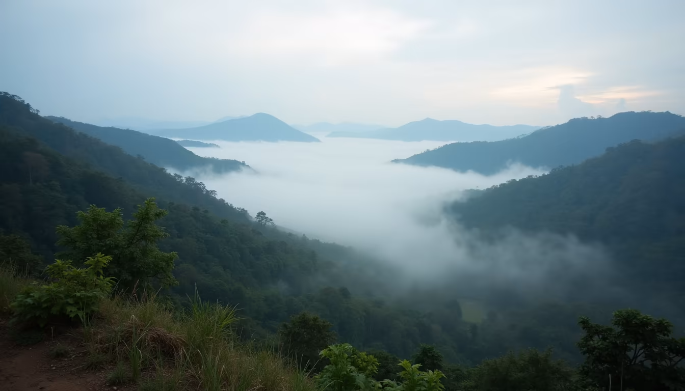 the spot viewpoint above the Chinese village in Pai overlooking the misty valley at dawn (illustration)