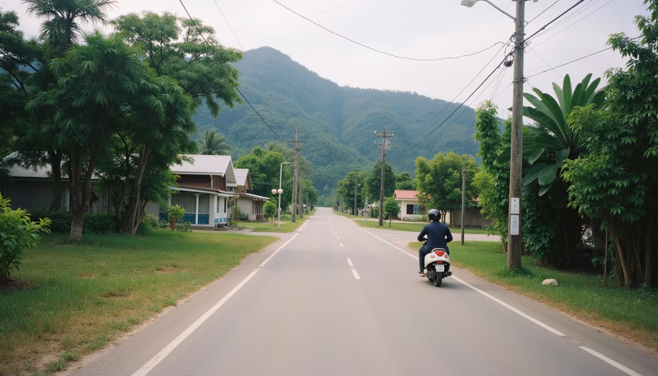 Quiet paved road west toward the hills near the Chinese village in Pai with a parked scooter (illustration)