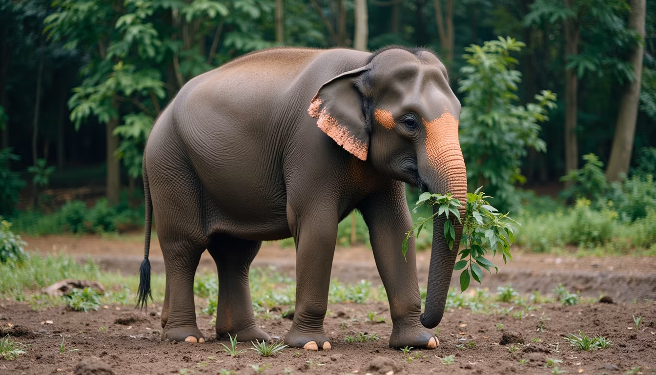 Asian elephant feeding in a green forest clearing at an ethical Pai elephant sanctuary (illustration)