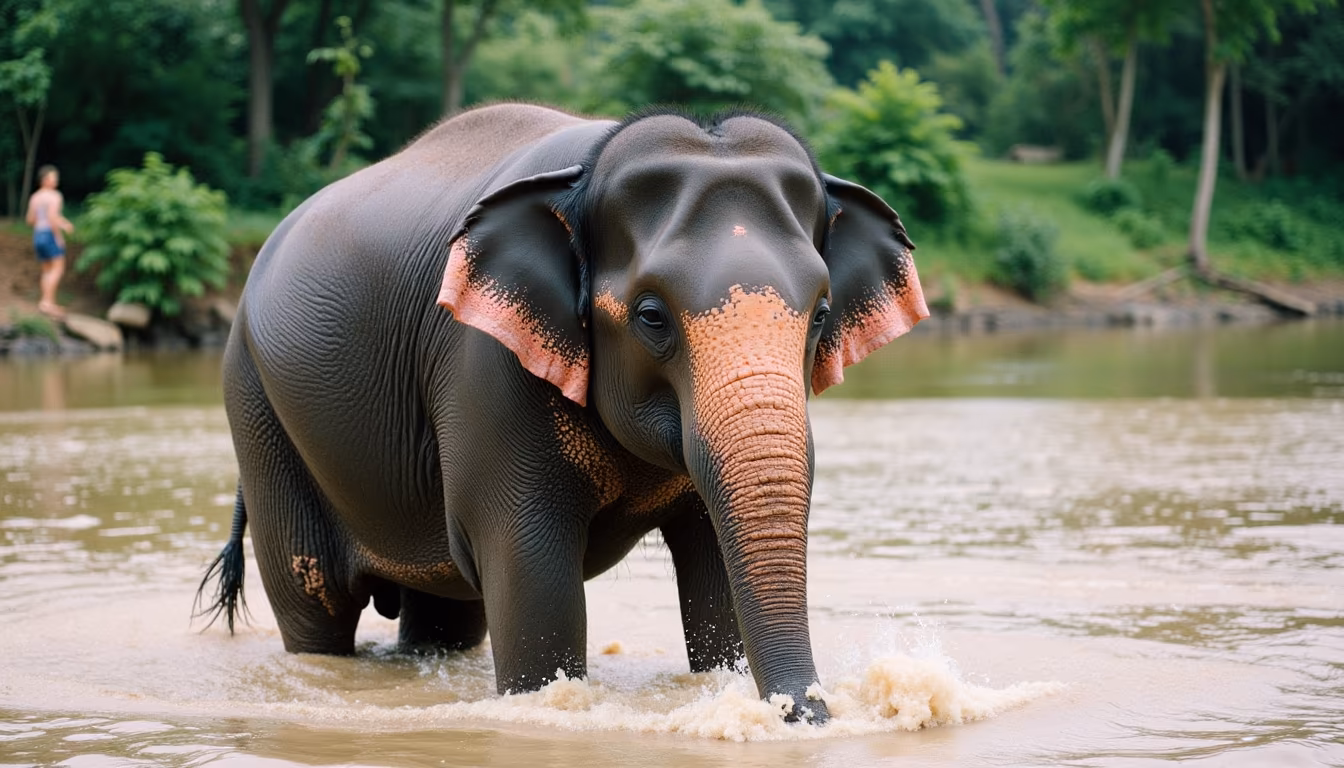 Elephant being bathed in a shallow river during a Pai elephant sanctuary visit (illustration)