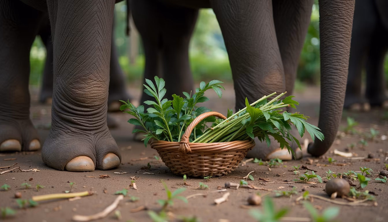 Basket of branches and sugarcane fed to an elephant at a Pai elephant sanctuary (illustration)