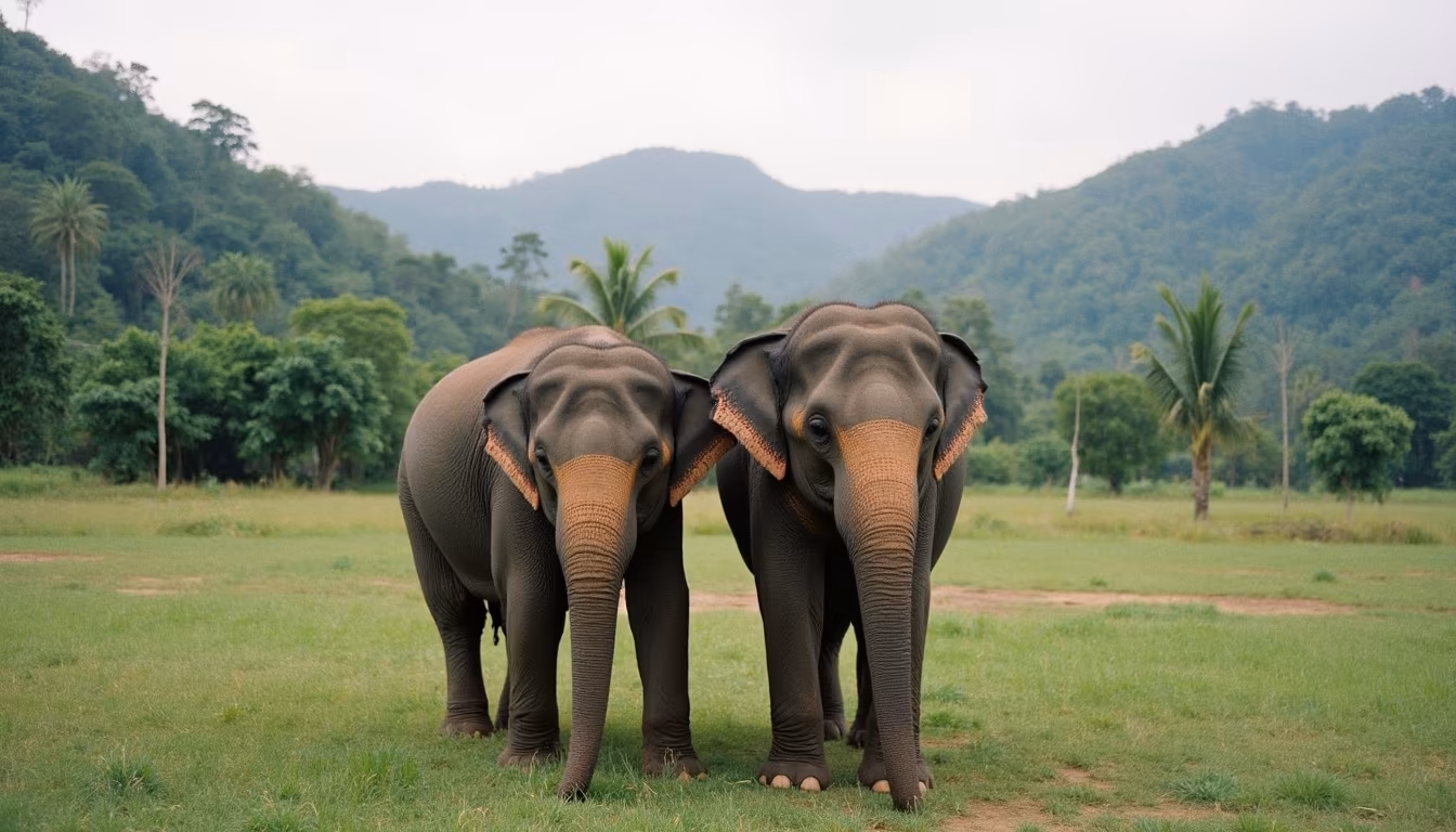 Two elephants in a grassy forest enclosure at an ethical Pai elephant sanctuary (illustration)