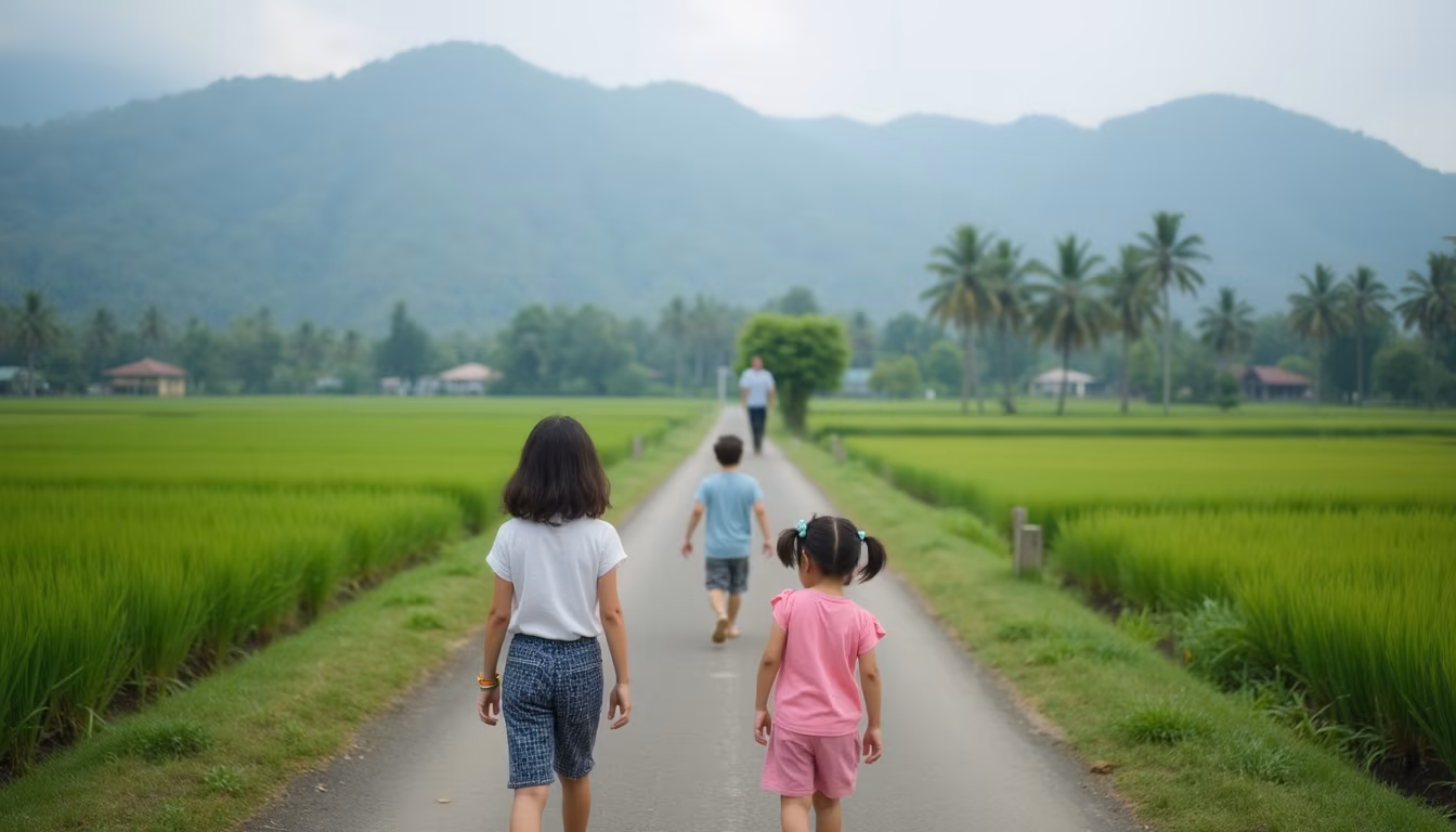 Family walking a quiet rice-field lane near a family house pai stay (illustration)