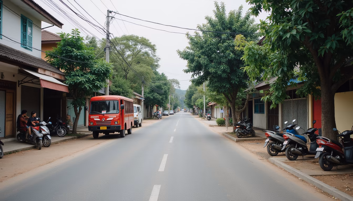 Quiet valley lane with scooters illustrating getting around Pai on foot and wheels (illustration)