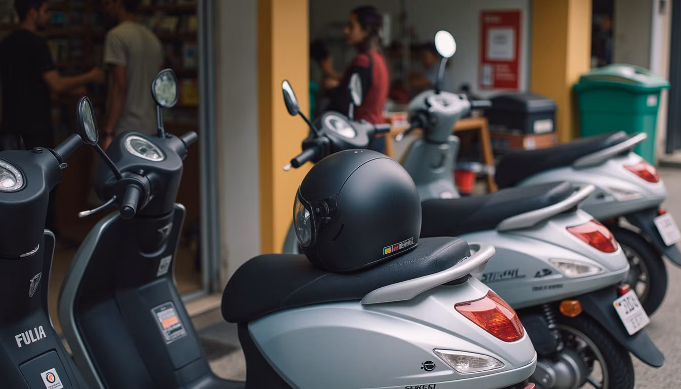 Row of rental scooters illustrating getting around Pai by motorbike (illustration)