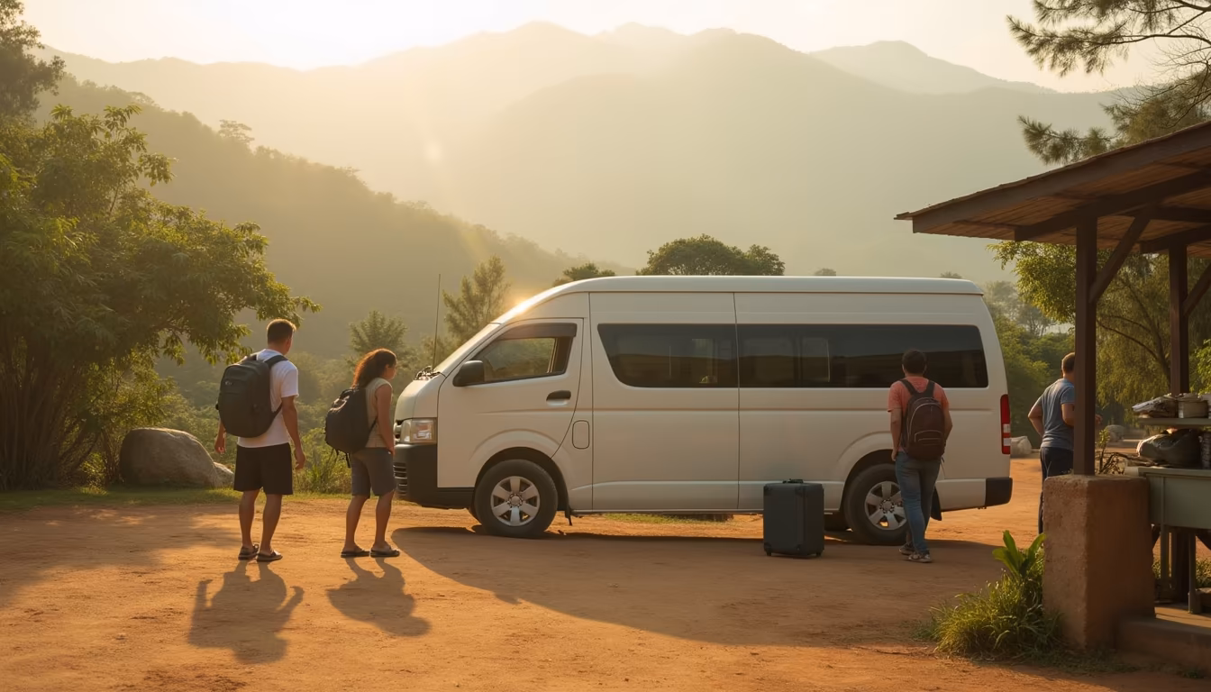 Shared minivan loading backpackers for the mountain journey to Pai (illustration)