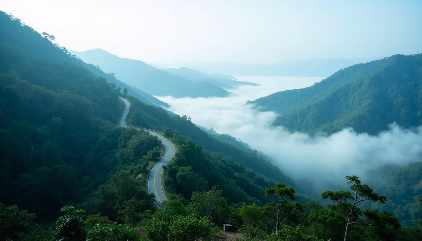 Misty forested mountain switchbacks showing best season for how to get to Pai (illustration)