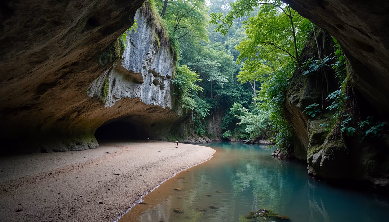 Bamboo raft with lantern inside the spot cave near Pai on a lod cave Pai day trip (illustration)