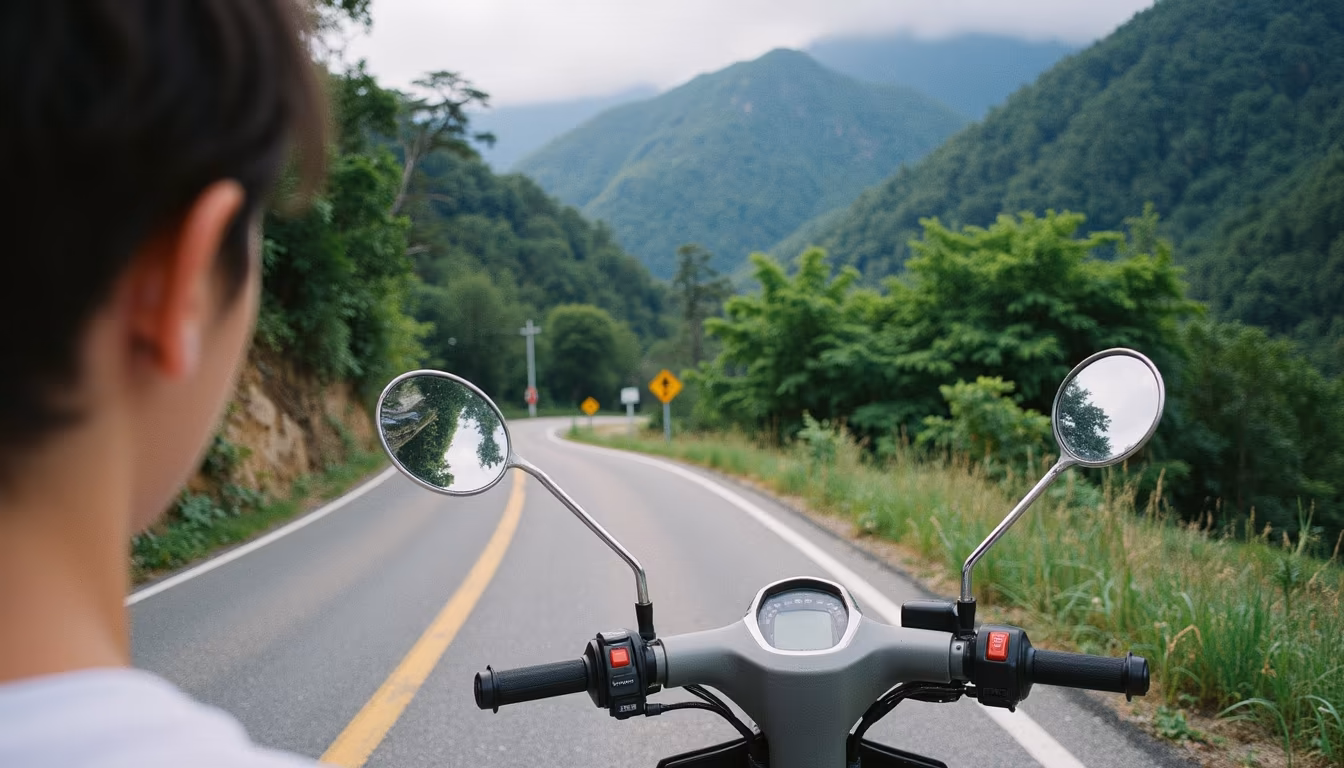 Winding forested mountain road on the long ride north for a lod cave Pai day trip (illustration)