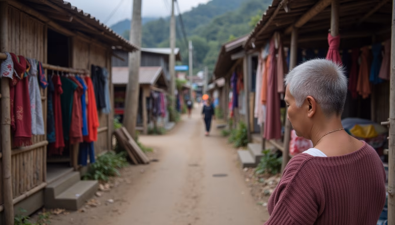 Quiet hill village lane with handwoven textiles for a respectful long neck village Pai visit (illustration)