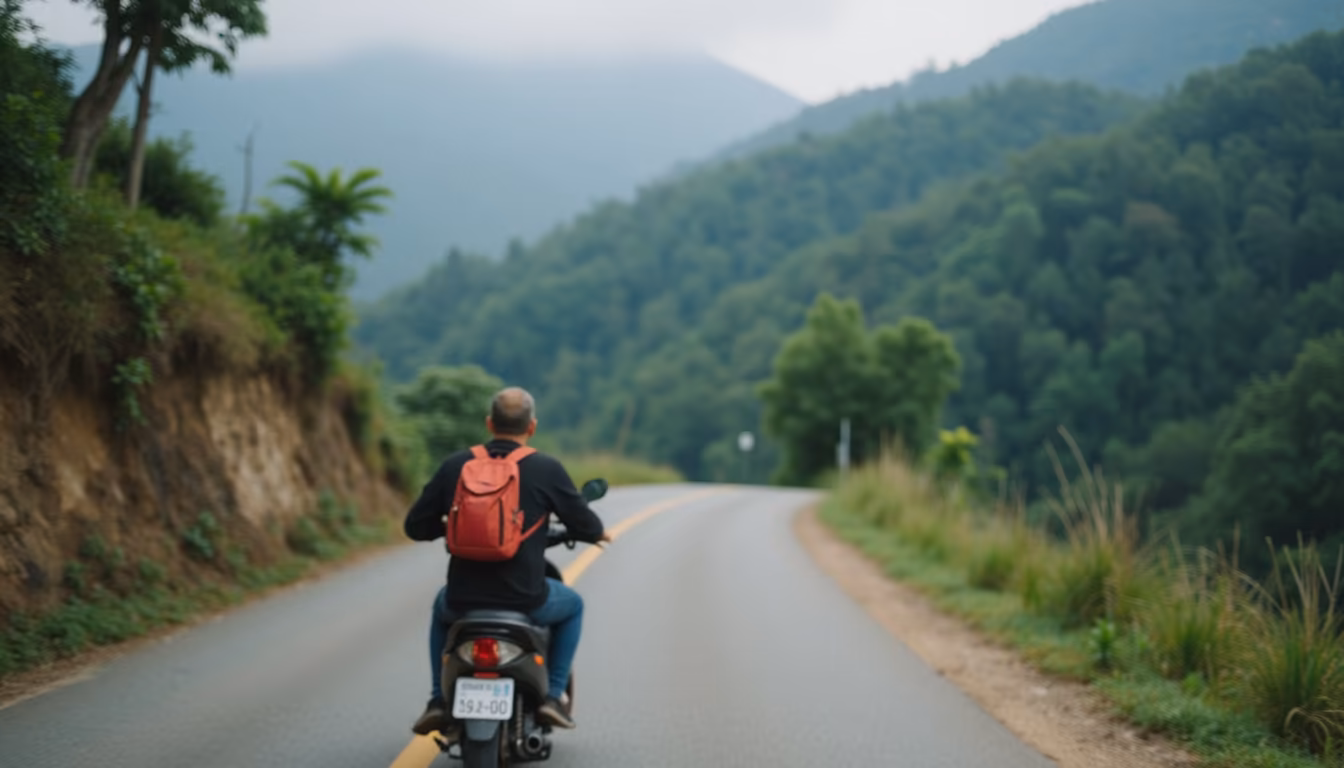 Independent traveller riding a rural lane toward a long neck village near Pai self-guided (illustration)