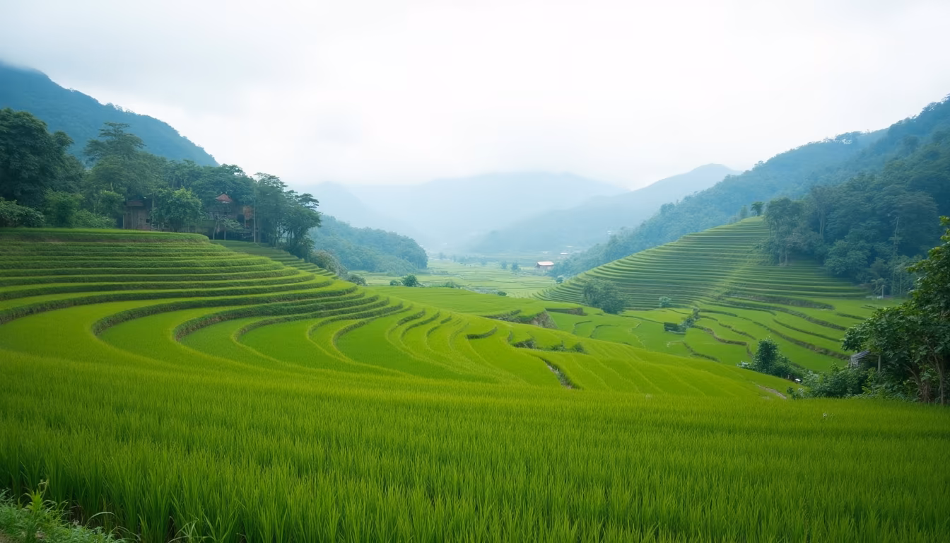 Rice paddies and mountains beyond Pai town centre, setting for pai village boutique resort luxury stays (illustration)