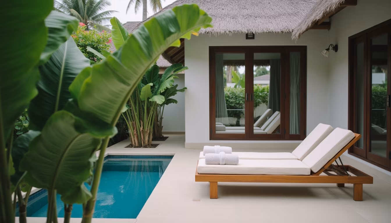 Private villa deck with small plunge pool and loungers, luxury pai indulgent stay (illustration)