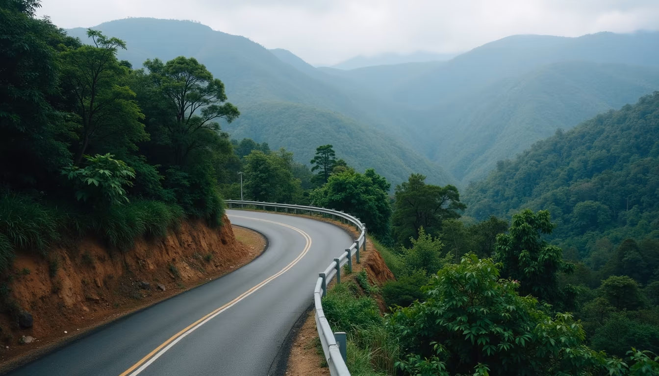 Twisting mountain road on the the spot loop climbing through forested hills near Pai (illustration)