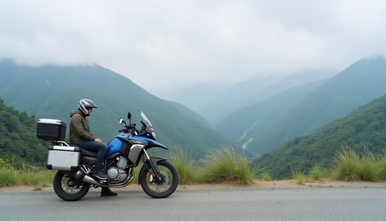 Distant rider resting at a hillside pullout while planning days on the Mae Hong Son loop (illustration)