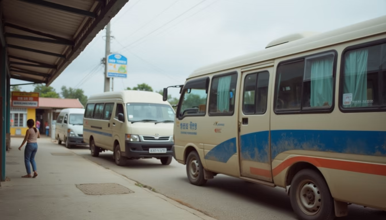 Parked minivans and a bus at a rural stop comparing the minivan to Pai options (illustration)