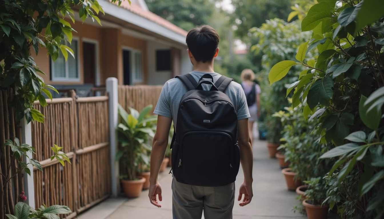 Traveler arriving at a small Pai guesthouse, where to stay after the minivan ride (illustration)