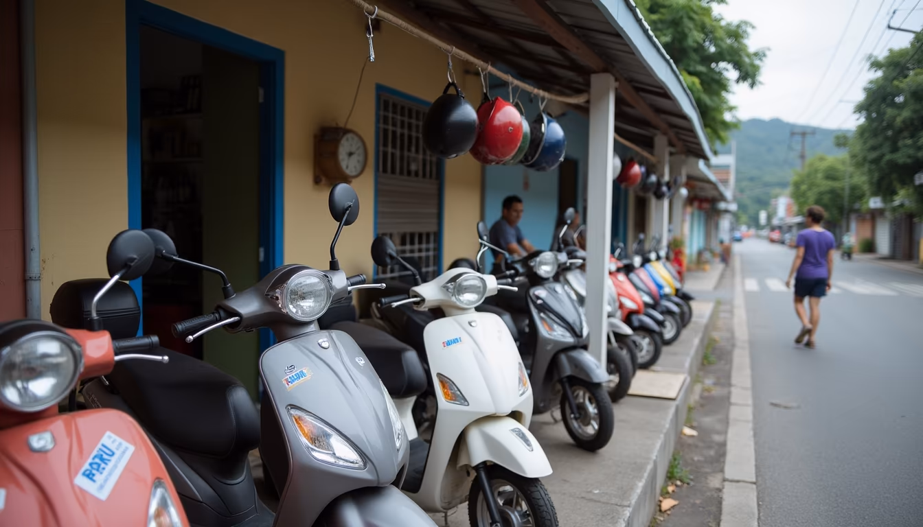 Row of rental scooters at a small motorbike rental shop in a quiet mountain town (illustration)