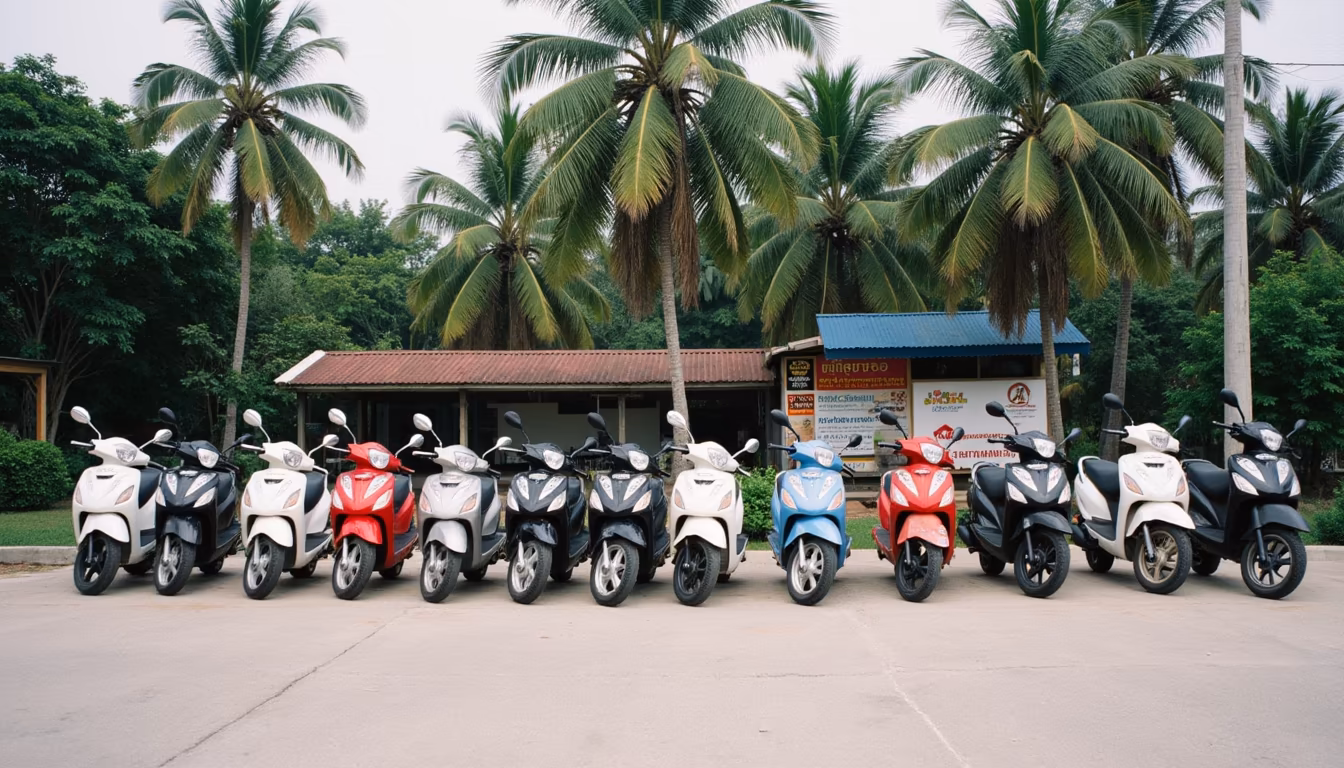 Helmeted rider on a scooter from behind on a quiet rural road, motorbike rental safety in Pai (illustration)
