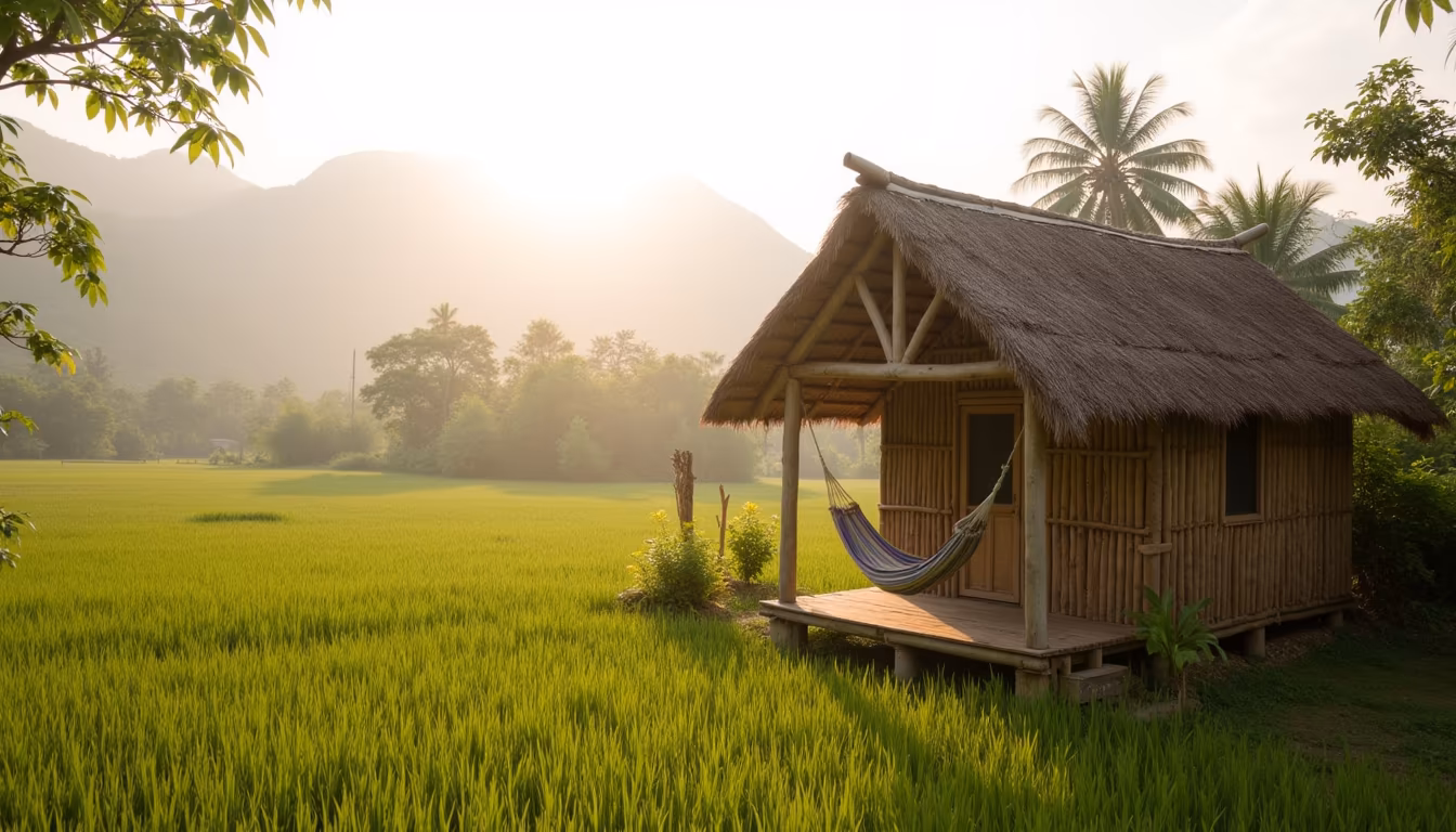 Budget bamboo bungalow guesthouse on rice fields, pai accommodation (illustration)