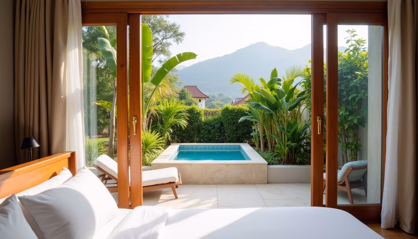 Mid-range boutique room with garden pool, pai accommodation comfort tier (illustration)